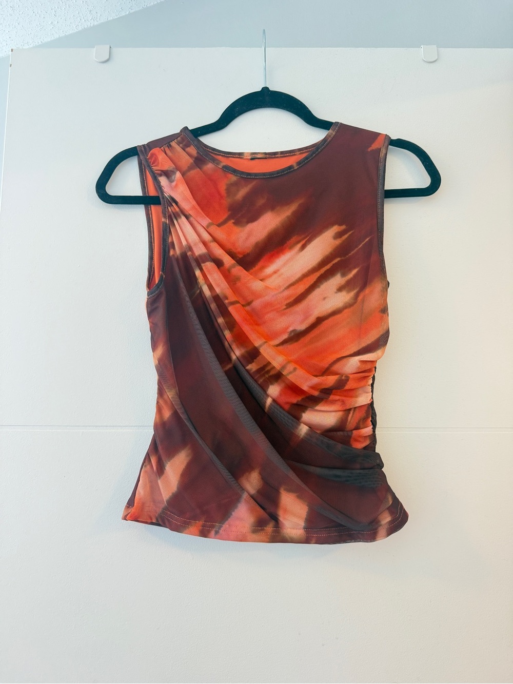 🩵 Abstract Mesh Ruched Tank Top | Orange Brown Watercolor Print | Size S NWOT